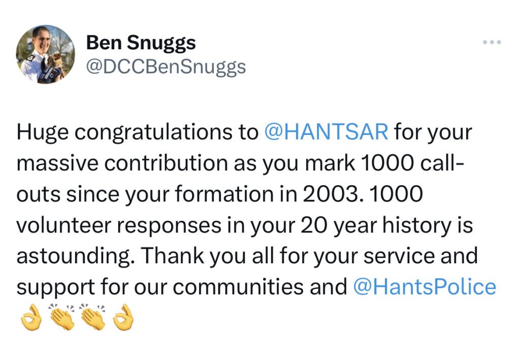 Thank you from DCC Ben Snuggs for HANTSAR 1000th Callout